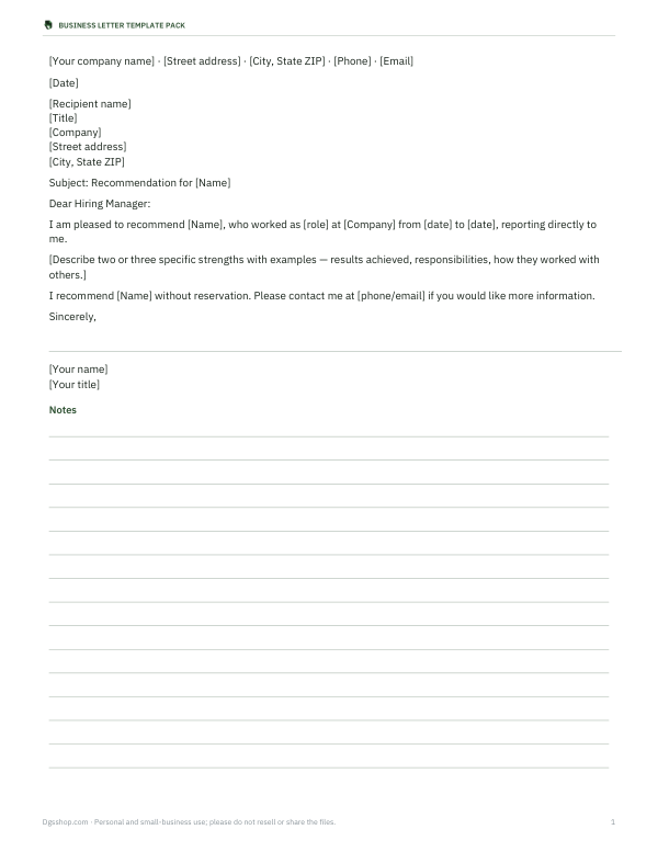 Preview of Printable Recommendation Letter Template